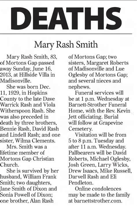 The messenger madisonville ky obituaries - Madisonville, KY (42431) Today. Mainly sunny to start, then a few afternoon clouds. High 87F. ... the-messenger.com 1175 South Main Street, Suite A Madisonville, KY 42431